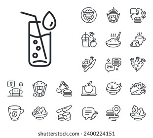 Soda aqua drink sign. Crepe, sweet popcorn and salad outline icons. Water glass line icon. Drop symbol. Water glass line sign. Pasta spaghetti, fresh juice icon. Supply chain. Vector