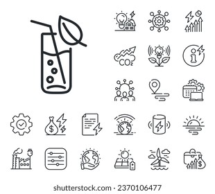 Soda aqua drink sign. Energy, Co2 exhaust and solar panel outline icons. Water glass line icon. Drop symbol. Water glass line sign. Eco electric or wind power icon. Green planet. Vector