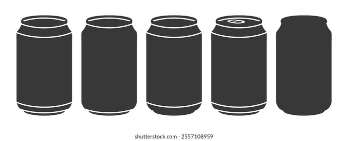 Soda, beer aluminium can icon shape set. Drink packing container logo, sign, silhouette collection. Vector illustration image. Isolated on white background.