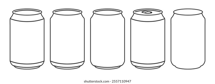 Soda, beer aluminium can icon shape outline set. Line art Drink packing container logo, sign, silhouette collection. Vector illustration image. Isolated on white background.