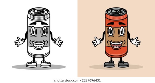 Soda or beer drink can smiling cartoon character with hands and legs. Vector illustration in two styles black on white and colorful