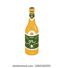 Soda beverage in glass bottle with label. Carbonated drink, alcohol. Bubbling lemonade. Festive sparkling champagne. Fizzy refreshing cider. Flat vector illustration isolated on white background