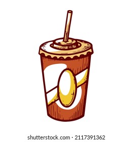 Soda beverage in paper glass with lid and straw engraved vector illustration. Hand drawn vintage carbonated refreshing drink menu decorative design isolated. Sweet sugar liquid lemonade package