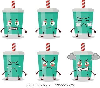 Personaje de caricatura de botella de refresco con diversas expresiones furiosas