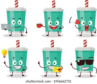 Soda bottle cartoon character with various types of business emoticons