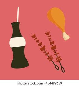 soda bottle, chicken leg and skewers illustration over pink color backdrop