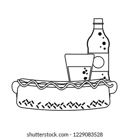 Soda bottle and cup with hot dog black and white