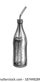 Soda Bottle With Drinking Straw. Ink Sketch Of Cola Isolated On White Background. Hand Drawn Vector Illustration. Retro Style.