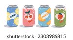 Soda bottle fruit set. Collection of lemonades and cocktails in aluminum cans. Cold drinks with lemon, cherry, orange and strawberry. Cartoon flat vector illustrations isolated on white background