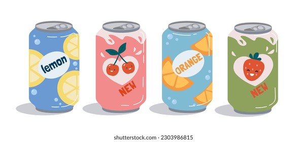 Soda bottle fruit set. Collection of lemonades and cocktails in aluminum cans. Cold drinks with lemon, cherry, orange and strawberry. Cartoon flat vector illustrations isolated on white background