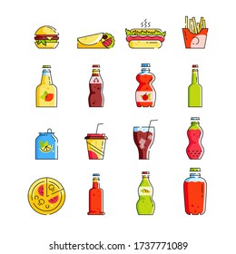 Soda bottle. Glass, plastic. Set of icons in linear style. Juice, soda, water, hamburger, pizza. Design template for print, websites, posters.