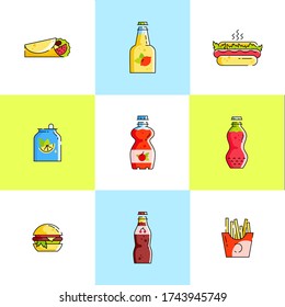 Soda bottle. Glass, plastic. Set of icons in linear style. Juice, soda, water, hamburger, pizza. Design template for print, websites, posters.