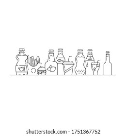 Soda bottle. Glass, plastic. Set of icons in linear style. Juice, soda, water, hamburger, pizza. Design template for print, websites, posters.