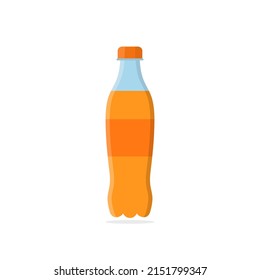 Soda bottle. Orange soda with beverage. Plastic or glass bottle with soda, water and juice. Flat cartoon icon for drink. Orange juice. Vector.
