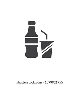 Soda bottle and paper cup with straw vector icon. filled flat sign for mobile concept and web design. Take away drinks glyph icon. Symbol, logo illustration. Pixel perfect vector graphics