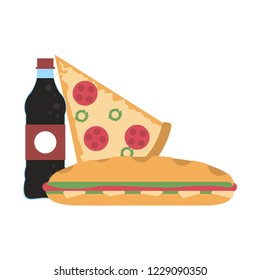 Soda bottle and pizza with sandwich
