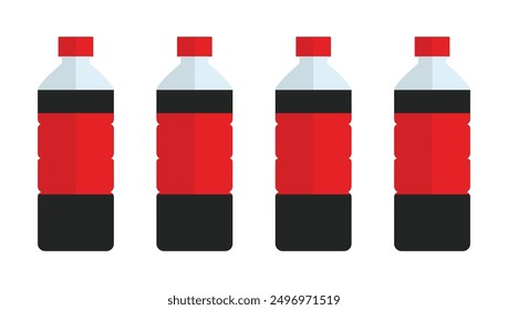 Soda bottle. Plastic bottle with drink. Icon of cola. Red fizzy drink caffeine and sugar. Black cold soft water. Beverage in container with cap. Logo for cool kola. Cola soda in plastic bottles.