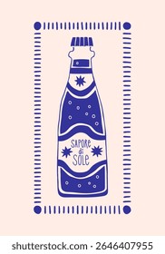 Soda bottle stamp, hand drawn Amalfi coast summer doodle print. Beach, marine and Mediterranean vibes. Retro postcard clipart in coastal naive minimal design. Perfect for travel, fashion and decor