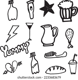 Soda Bottle, Star, Beer Glass, Water, Jug, Hair Comb, Soda Cup, Heart Break, Break, Wine Glass, Yummy, Lightening, Shaving Machine and Chicken Thigh Hand Drawn Random Doodle Icon Set.