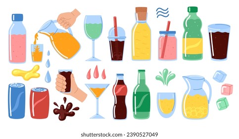 Soda bottled drinks set. Soft drink cans and bottles, fizzy canned drinks, soda and juice beverages in plastic, glass and tin. Drops, ice cubes and splash. Vector illustration in doodle style 