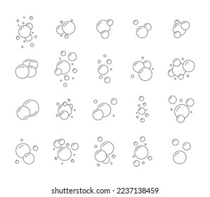 Soda bubble icons, line soap elements, oxygen molecules. Clear liquid and soapy foam, bath boiling gel, sea and shower, suds circles. Vector isolated illustration recent pictogram