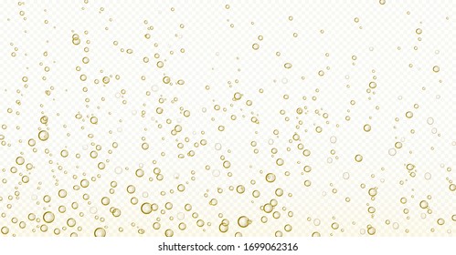 Soda bubbles, champagne, water or oxygen air fizz, carbonated drink or underwater abstract background. Dynamic motion, transparent aqua with randomly moving fizzing moisture drops, realistic 3d vector