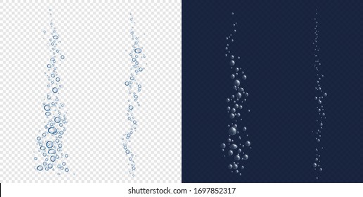 Soda bubbles, water or oxygen air fizz set. Dynamic aqua effervescent rising up underwater fizzing, champagne drink design elements isolated on transparent background, Realistic 3d vector clip art