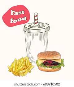 soda with burger and potatoes vector set