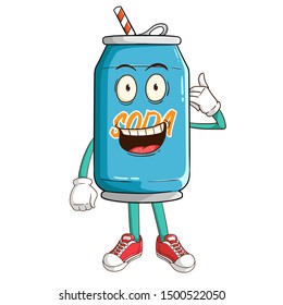 Soda can cartoon character with call me hand sign and funny smile face