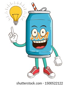 Soda can cartoon character get idea with light bulb and funny smile face