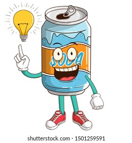 Soda can cartoon character get idea with light bulb and funny smile face