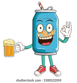 Soda can cartoon character holding a beer glass with funny smile face