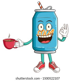 Soda can cartoon character holding a cup of coffee with ok hand sign and funny smile face