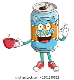 Soda can cartoon character holding a cup of coffee with ok hand sign and funny smile face