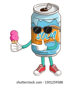 Soda can cartoon character holding melted ice cream with funny cool expression