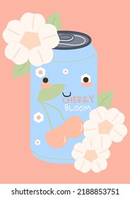 Soda can. Cartoon drink character. Cherry bloom taste beverage. Kawaii carbonated berry juice. Cute aluminum jar with funny smile face and flowers. Vector happy food mascot illustration