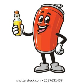 Soda Can character mascot cartoon holding a bottle of flavored extract