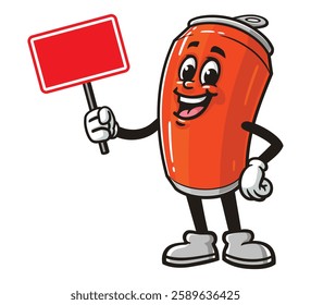 Soda Can character mascot cartoon holding a blank sign board