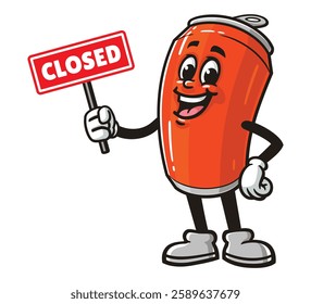 Soda Can character mascot cartoon holding a closed sign