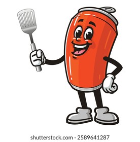 Soda Can character mascot cartoon holding a spatula