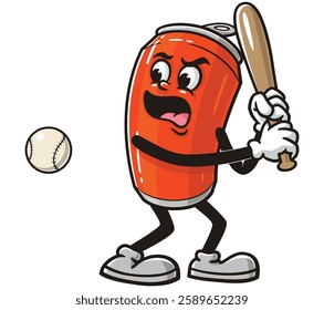 Soda Can character mascot cartoon playing baseball