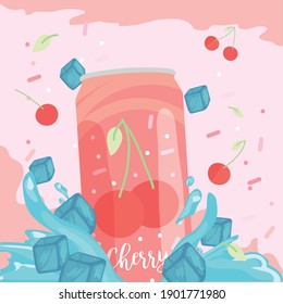 Soda can of cherry with ice cubes design, Tasty drink beverage and liquid theme Vector illustration