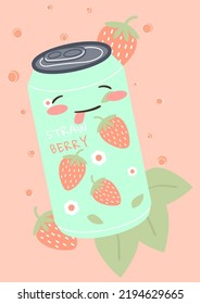 Soda can. Cute aluminum jar with strawberry sweet drinks, kawaii juice or cocktail in metal bottle. Berry tonic happy food mascot funny packaging vector cartoon flat isolated illustration