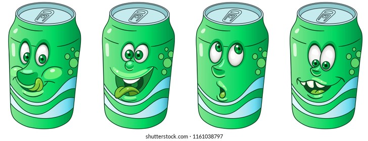 Soda Can. Drink And Beverage Concept. Emoji Emoticon Collection. Cartoon Characters For Kids Coloring Book, Colouring Pages, T-shirt Print, Icon, Logo, Label, Patch, Sticker.