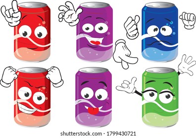 Soda Can. Drink and Beverage concept. Emoticon collection. Cartoon characters for kids coloring book, colouring pages, t-shirt print, icon, logo, label, patch, sticker.