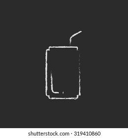 Soda can with drinking straw hand drawn in chalk on a blackboard vector white icon isolated on a black background.