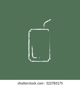 Soda can with drinking straw hand drawn in chalk on a blackboard vector white icon isolated on a green background.
