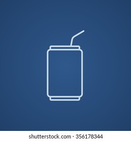 Soda can with drinking straw line icon for web, mobile and infographics. Vector light blue icon isolated on blue background.