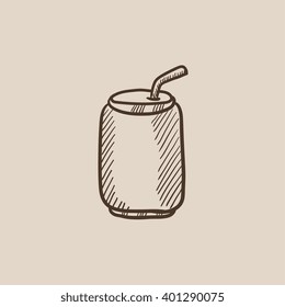 Soda can with drinking straw sketch icon.