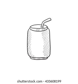 Soda can with drinking straw vector sketch icon isolated on background. Hand drawn Soda can with drinking straw icon. Soda can with drinking straw sketch icon for infographic, website or app.